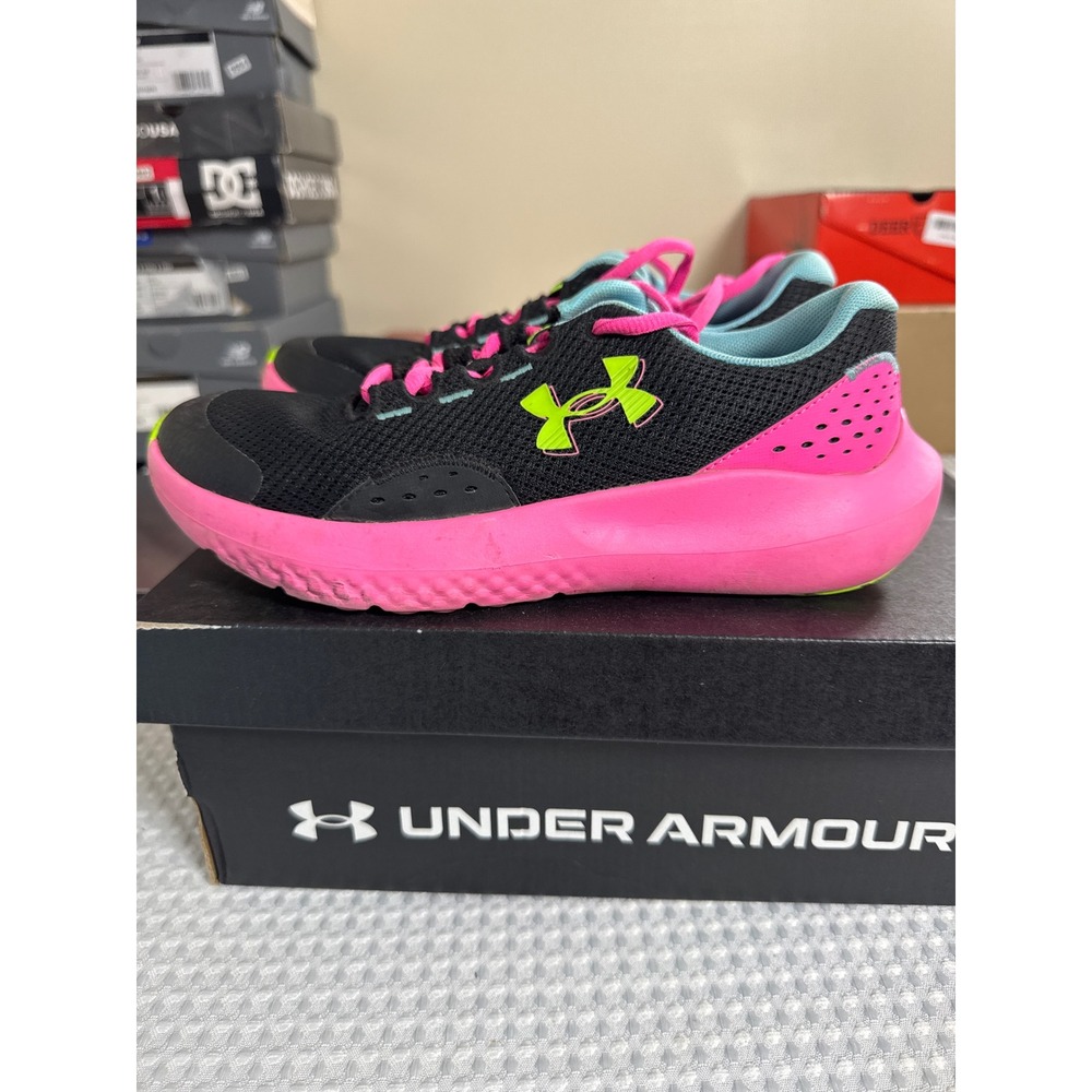 Under Armour Surge 4 Kids 5.5Y Running Shoes Black Pink Lime 3027108-005 EUC